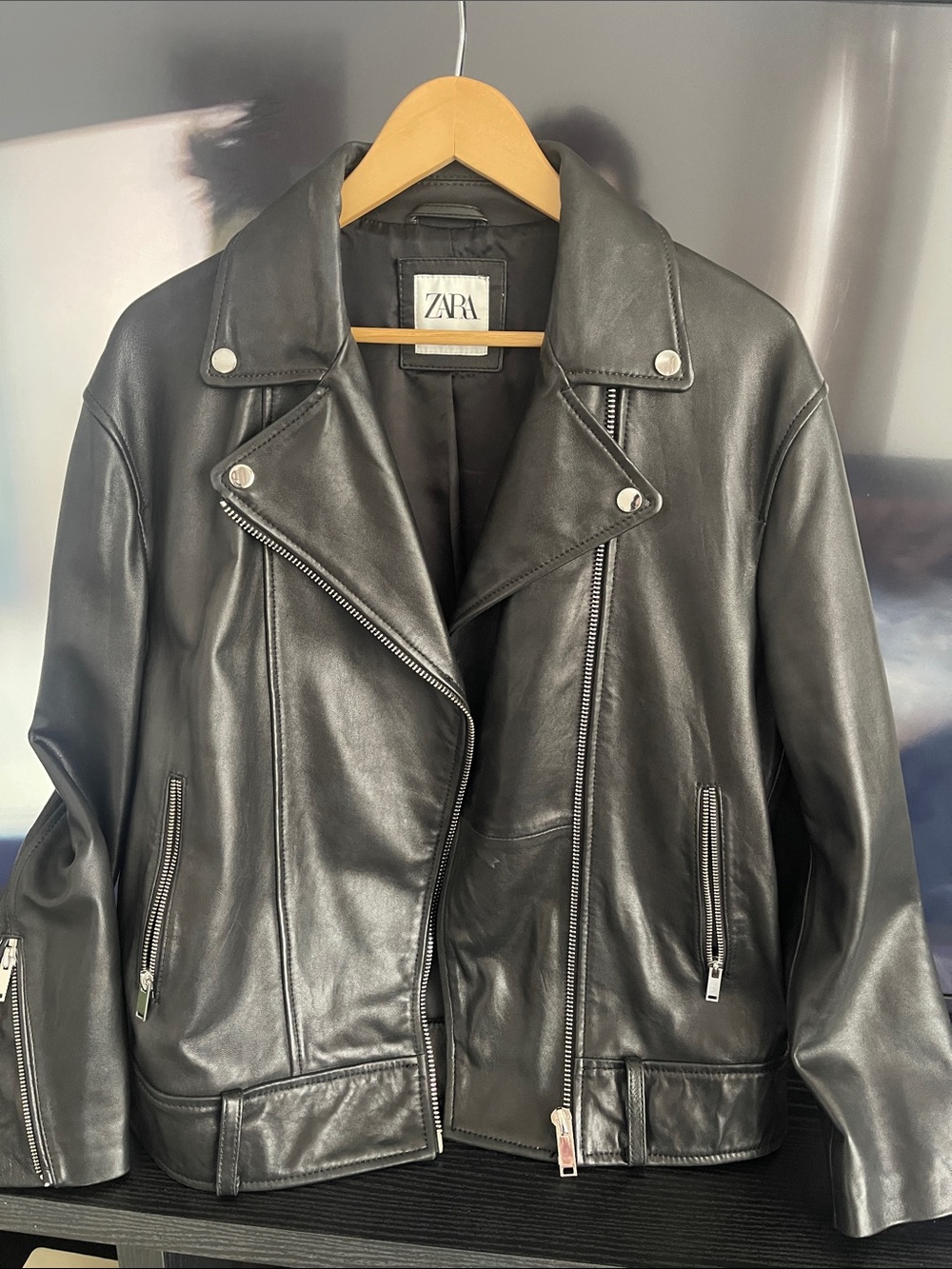 ZARA Black Leather Biker Jacket with Silver Hardware size S Small